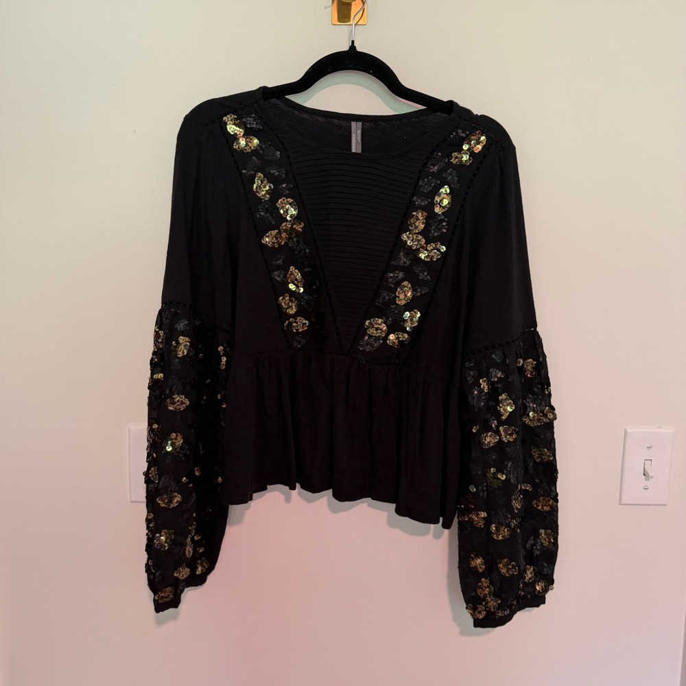 Anthropologie Sequin Embellished Peplum Top Black Gold Floral Balloon Sleeve M